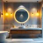 A photograph of a well-designed bathroom showcasing various stylish lighting options