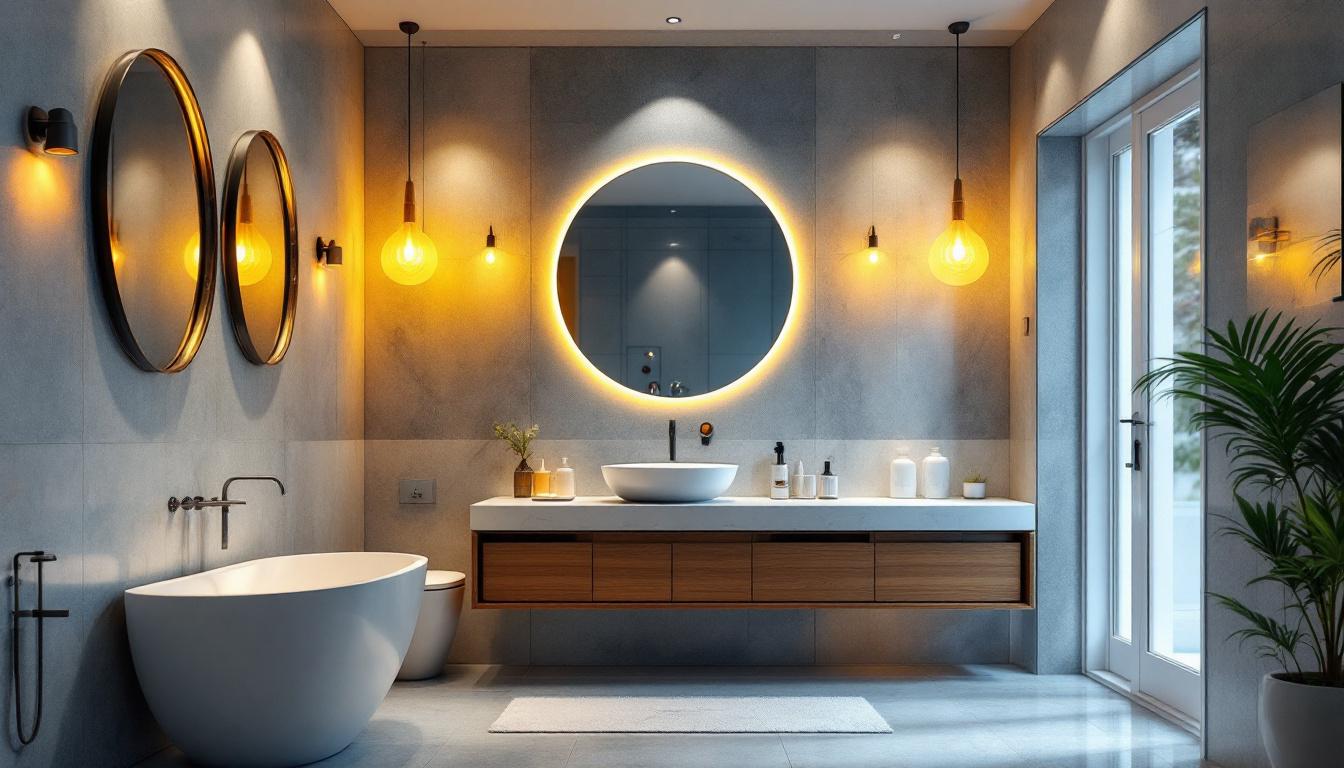 A photograph of a well-designed bathroom showcasing various stylish lighting options
