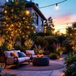 A photograph of a beautifully illuminated outdoor space featuring solar-powered led strip lights