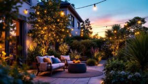 A photograph of a beautifully illuminated outdoor space featuring solar-powered led strip lights