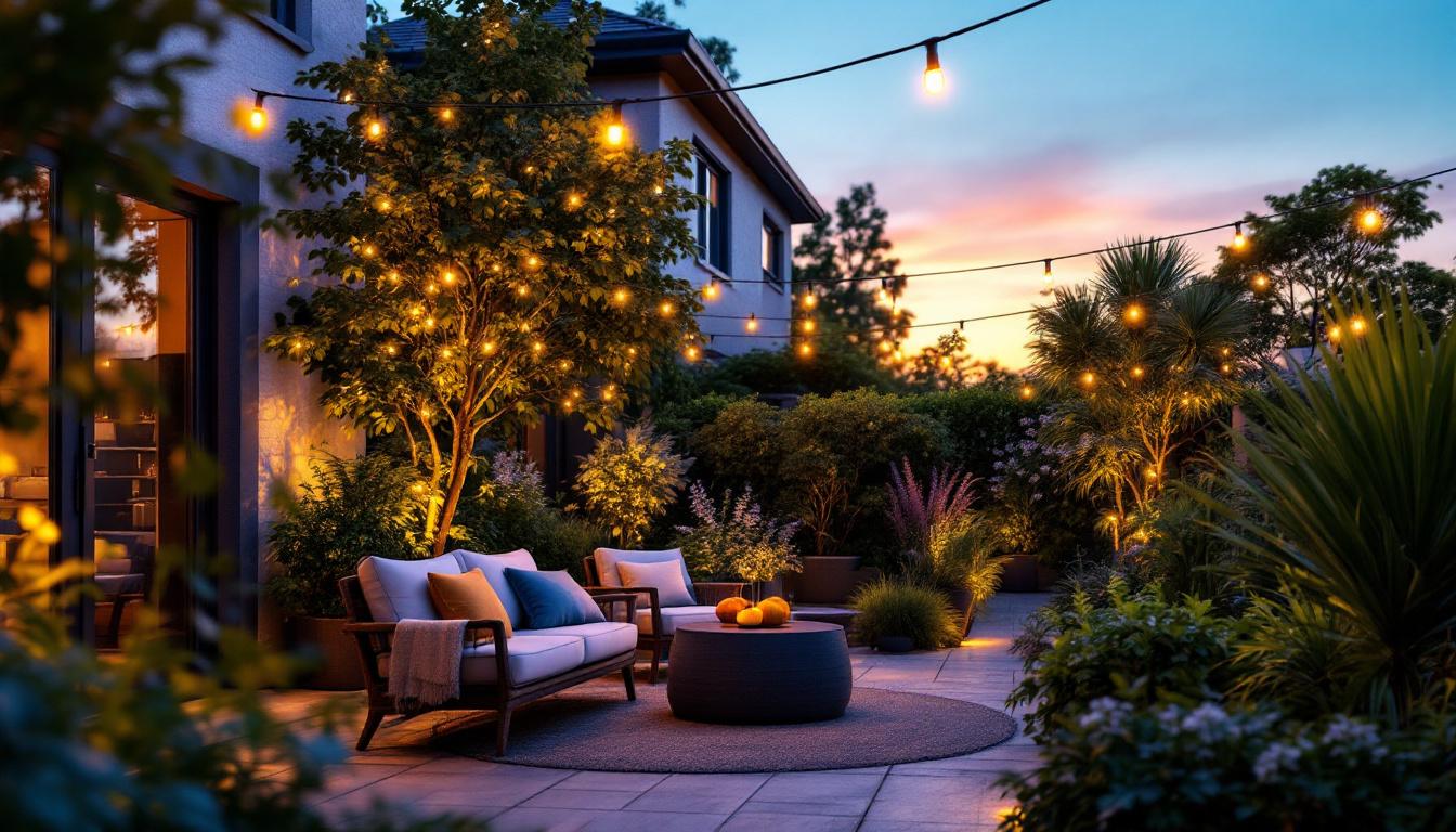 A photograph of a beautifully illuminated outdoor space featuring solar-powered led strip lights