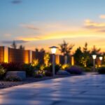 A photograph of a beautifully designed outdoor lighting setup at dusk