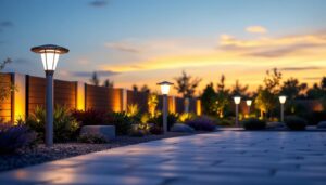 A photograph of a beautifully designed outdoor lighting setup at dusk