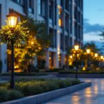 A photograph of a beautifully lit outdoor space featuring decorative light posts that highlight the ambiance and aesthetic appeal of the area