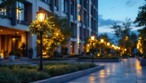 A photograph of a beautifully lit outdoor space featuring decorative light posts that highlight the ambiance and aesthetic appeal of the area