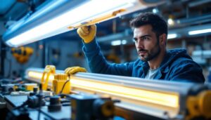 A photograph of a lighting contractor installing or adjusting a fluorescent light fixture