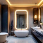 A photograph of a beautifully designed bathroom featuring sleek recessed lighting that highlights modern fixtures and creates an inviting atmosphere