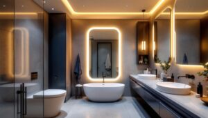 A photograph of a beautifully designed bathroom featuring sleek recessed lighting that highlights modern fixtures and creates an inviting atmosphere