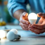 A photograph of a lighting contractor at work