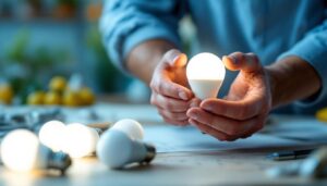 A photograph of a lighting contractor at work