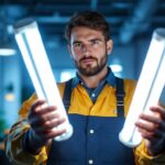 A photograph of a lighting contractor examining both t8 and t12 fluorescent tubes side by side
