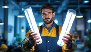A photograph of a lighting contractor examining both t8 and t12 fluorescent tubes side by side