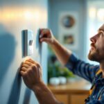 A photograph of a lighting contractor expertly installing a variable speed fan switch in a well-lit residential setting