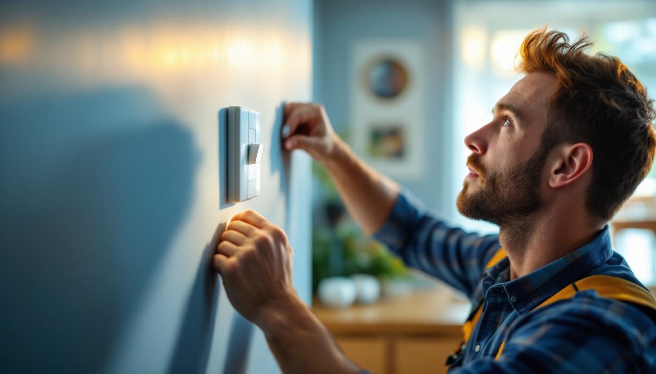 A photograph of a lighting contractor expertly installing a variable speed fan switch in a well-lit residential setting