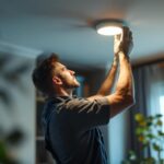 A photograph of a skilled lighting contractor expertly installing or adjusting an old recessed can light in a stylish interior setting