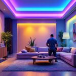 A photograph of a well-designed interior space showcasing vibrant rgb recessed lighting in action