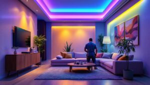 A photograph of a well-designed interior space showcasing vibrant rgb recessed lighting in action