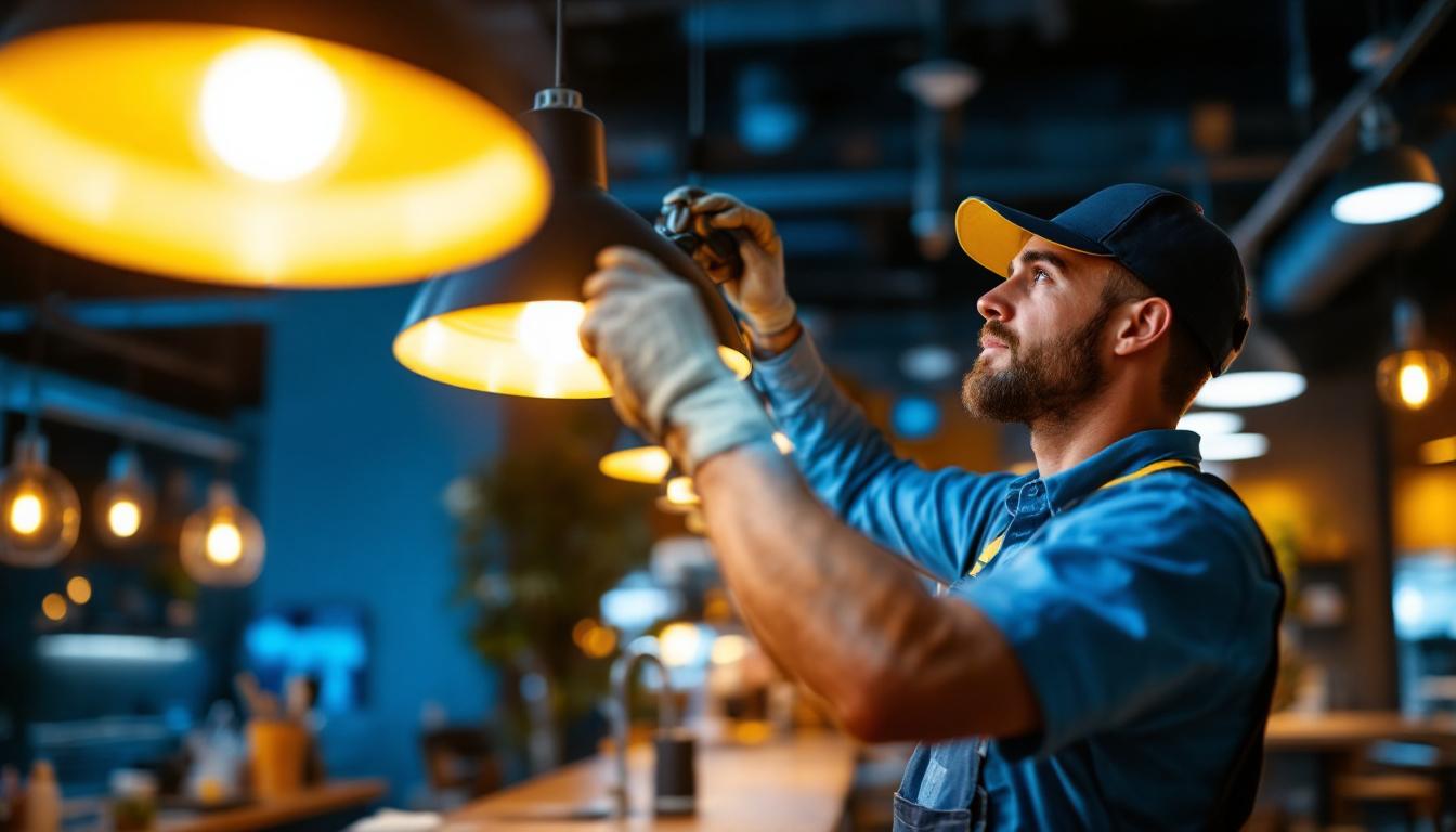 A photograph of a skilled lighting contractor expertly installing or adjusting modern lighting fixtures in a vibrant commercial space