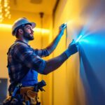 A photograph of a lighting contractor skillfully installing flat led tape lights in a modern interior space