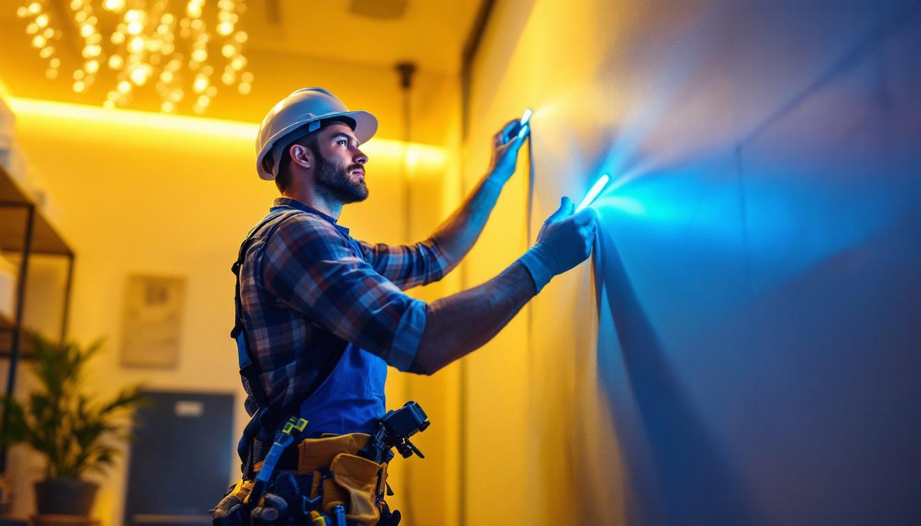A photograph of a lighting contractor skillfully installing flat led tape lights in a modern interior space