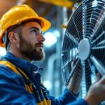 A photograph of a lighting contractor inspecting a factory fan installation
