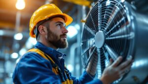 A photograph of a lighting contractor inspecting a factory fan installation