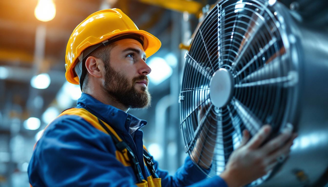 A photograph of a lighting contractor inspecting a factory fan installation