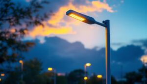 A photograph of a modern streetlight pole equipped with energy-efficient led lighting