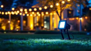 A photograph of a beautifully illuminated outdoor space featuring various led flood light fixtures in action
