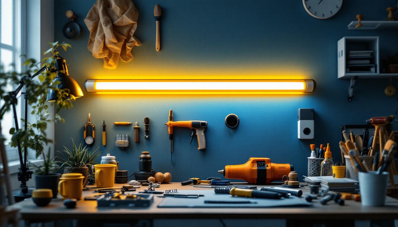 A photograph of a well-lit workspace featuring a 4-foot fluorescent tube in use