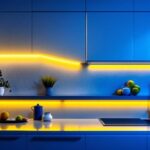 A photograph of a modern kitchen featuring sleek led undercabinet lighting that highlights the countertops and creates a warm ambiance