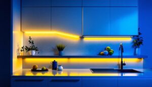 A photograph of a modern kitchen featuring sleek led undercabinet lighting that highlights the countertops and creates a warm ambiance