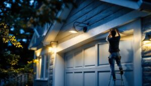 A photograph of a well-lit garage exterior showcasing stylish and functional light fixtures