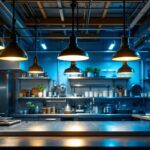 A photograph of a well-lit industrial kitchen showcasing various types of lighting fixtures