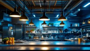 A photograph of a well-lit industrial kitchen showcasing various types of lighting fixtures