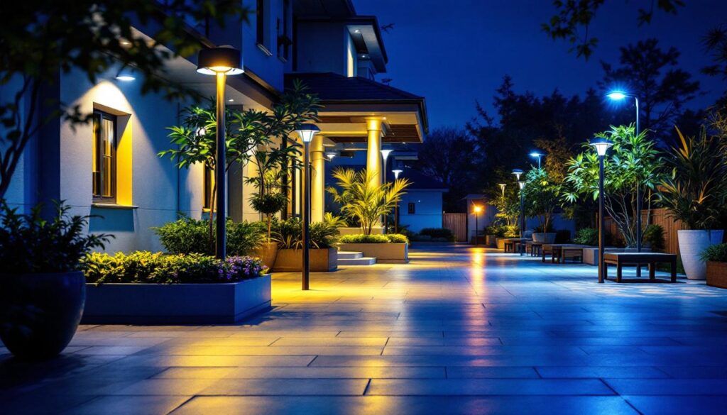 A photograph of a well-lit outdoor space featuring various types of security lighting installations