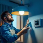 A photograph of a skilled lighting contractor installing a stylish led fixture and dimmer switch in a modern home setting