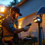 A photograph of a lighting contractor installing solar motion led outdoor lights in a residential setting during twilight