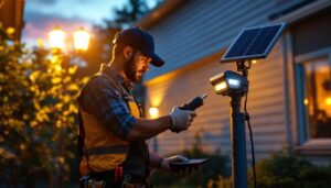 A photograph of a lighting contractor installing solar motion led outdoor lights in a residential setting during twilight