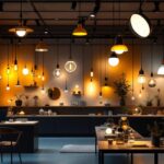 A photograph of a modern lighting showroom that showcases a variety of innovative light fixtures