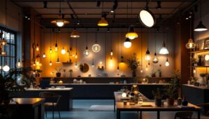 A photograph of a modern lighting showroom that showcases a variety of innovative light fixtures