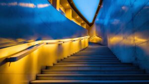 A photograph of a beautifully illuminated stairwell featuring stylish ceiling lights that enhance the space's ambiance