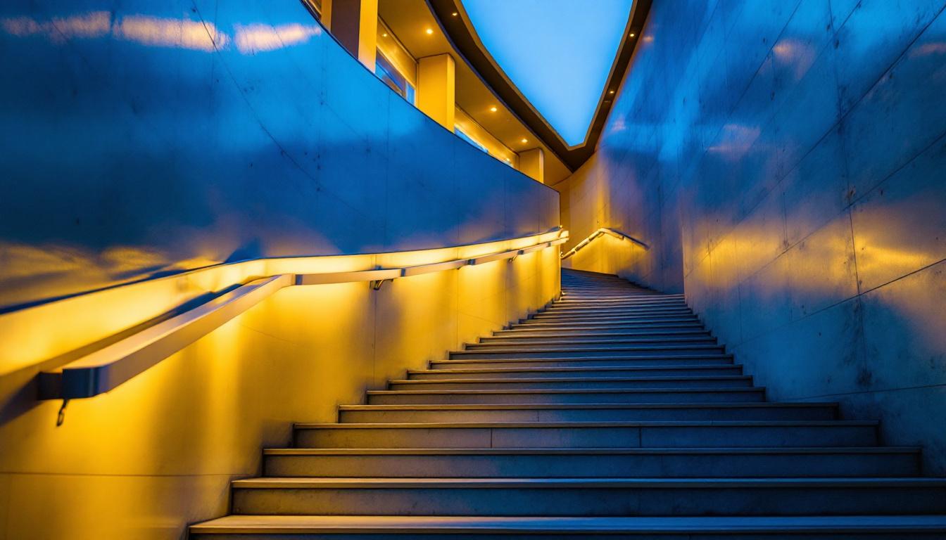 A photograph of a beautifully illuminated stairwell featuring stylish ceiling lights that enhance the space's ambiance