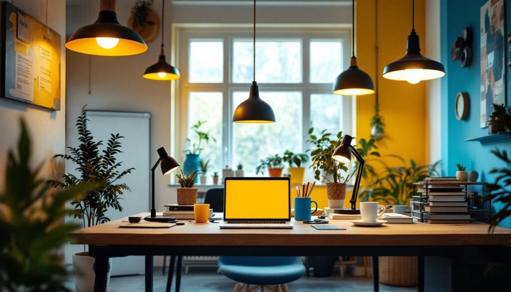 A photograph of a well-lit workspace featuring a variety of stylish and functional lighting fixtures designed for ceiling fans