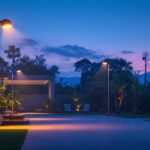 A photograph of a well-lit outdoor scene showcasing an automated lighting system in action