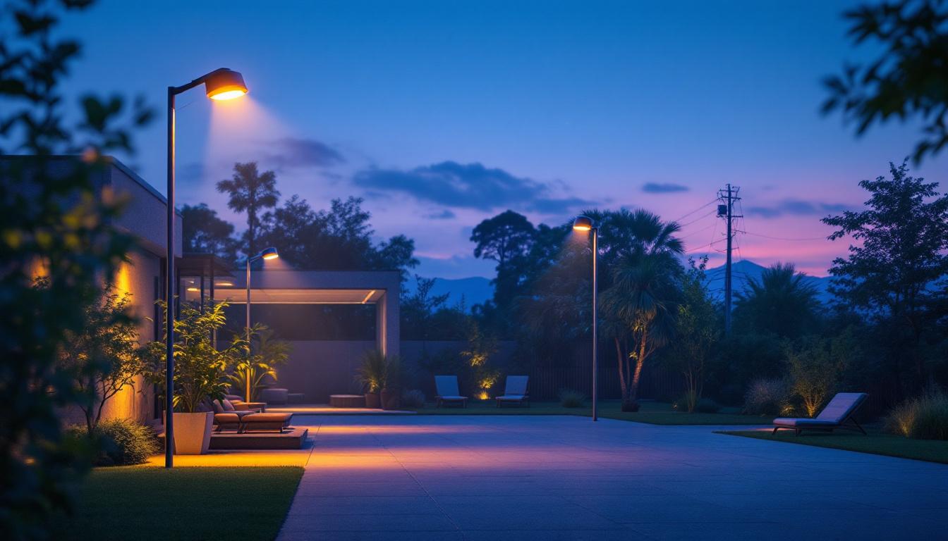 A photograph of a well-lit outdoor scene showcasing an automated lighting system in action