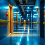 A photograph of a well-lit egress pathway or exit area in a commercial building