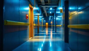 A photograph of a well-lit egress pathway or exit area in a commercial building