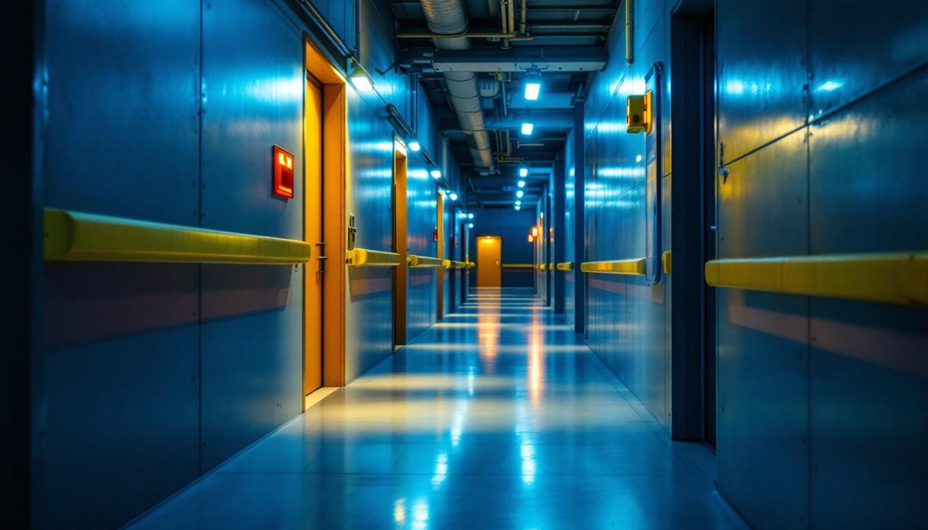 A photograph of a well-lit egress pathway or exit area in a commercial building