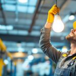 A photograph of a lighting contractor installing a corn light lamp bulb in a commercial setting